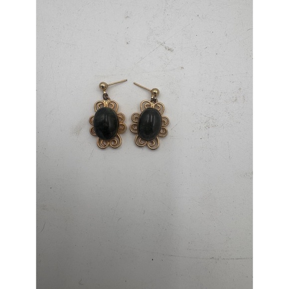 vtg gold plated filigree genuine Jade pierced earrings